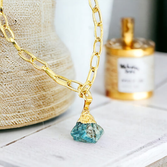 Blue Apatite Gemstone Pendant Gold Necklace