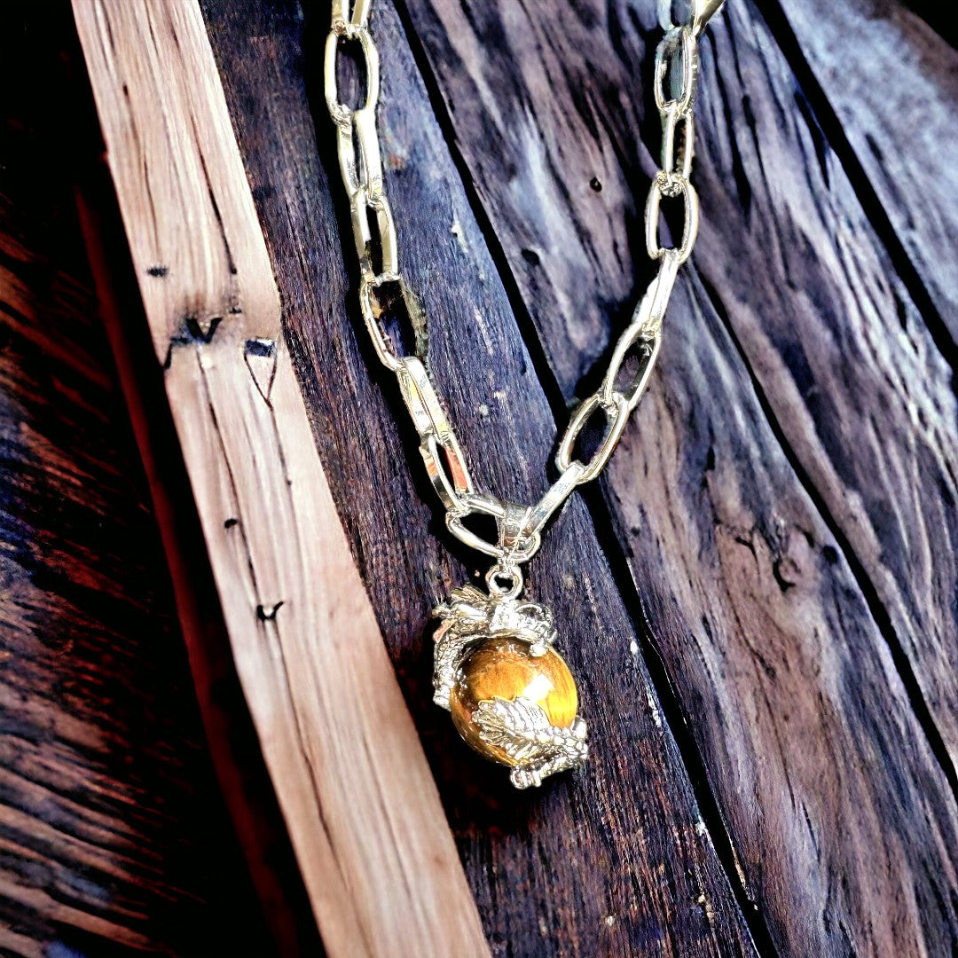 Ball Dragon Wrapped Tiger Eye Pendant Necklace