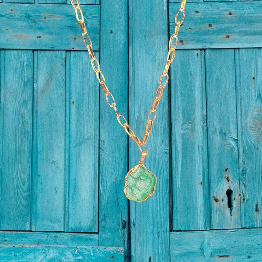 Blue-Green Dyed Quartz Geode Pendant Necklace