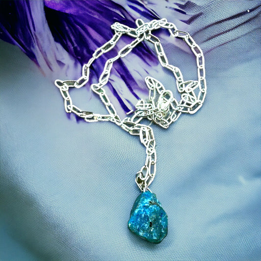 Blue Apatite Raw Gemstone Pendant Silver Necklace