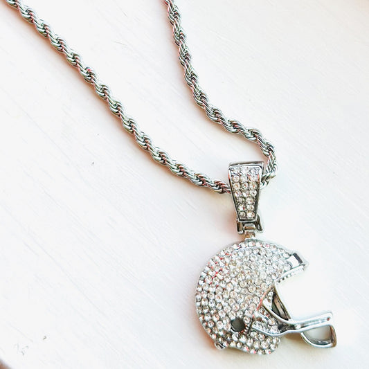 Silver Football Helmet Pendant Rope Chain