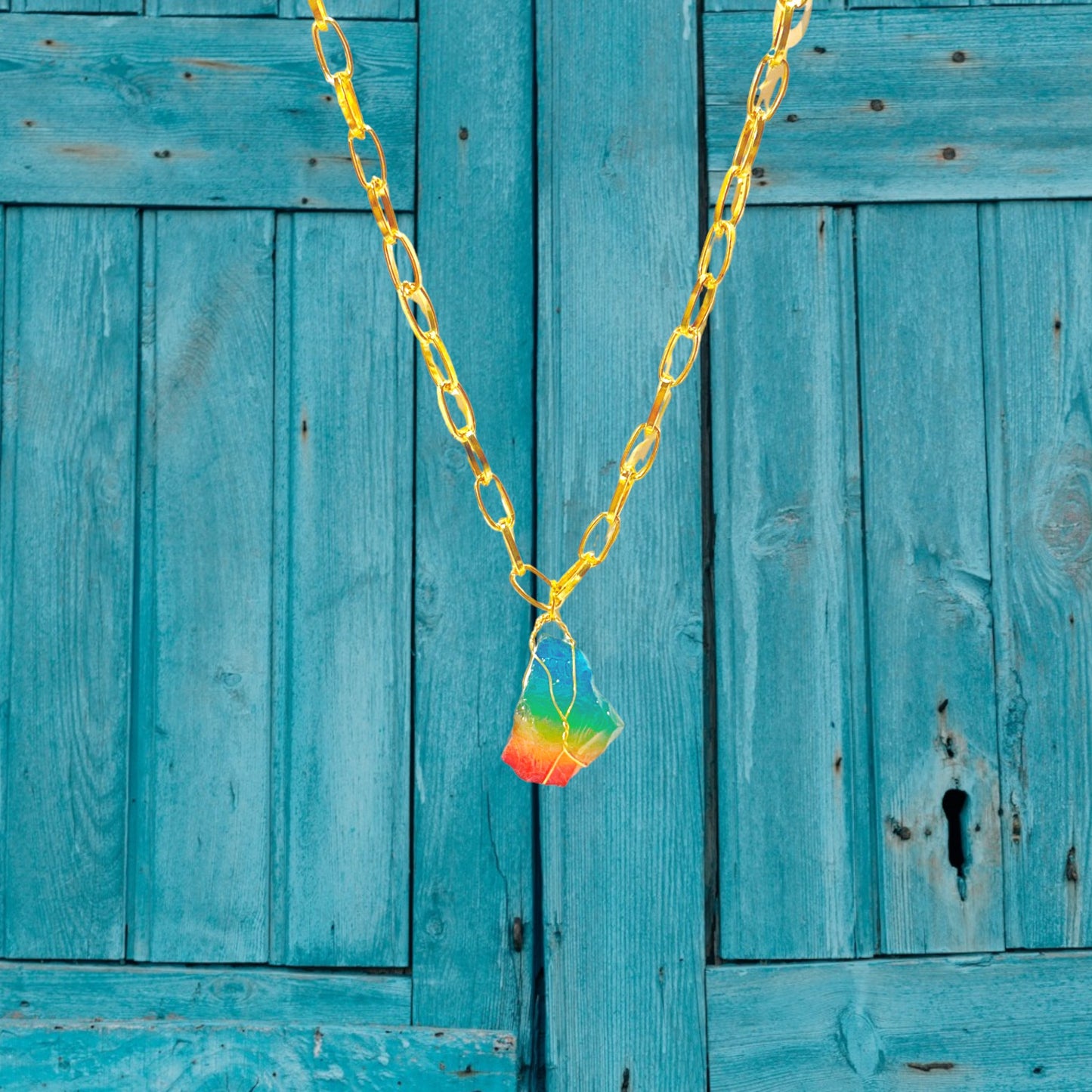 Rainbow Aura Quartz Wire Pendant Necklace